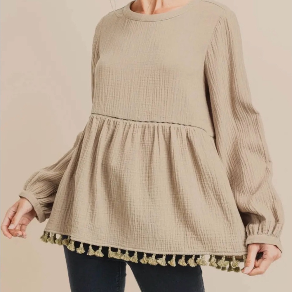 Cotton Blue Tan Peplum Blouse